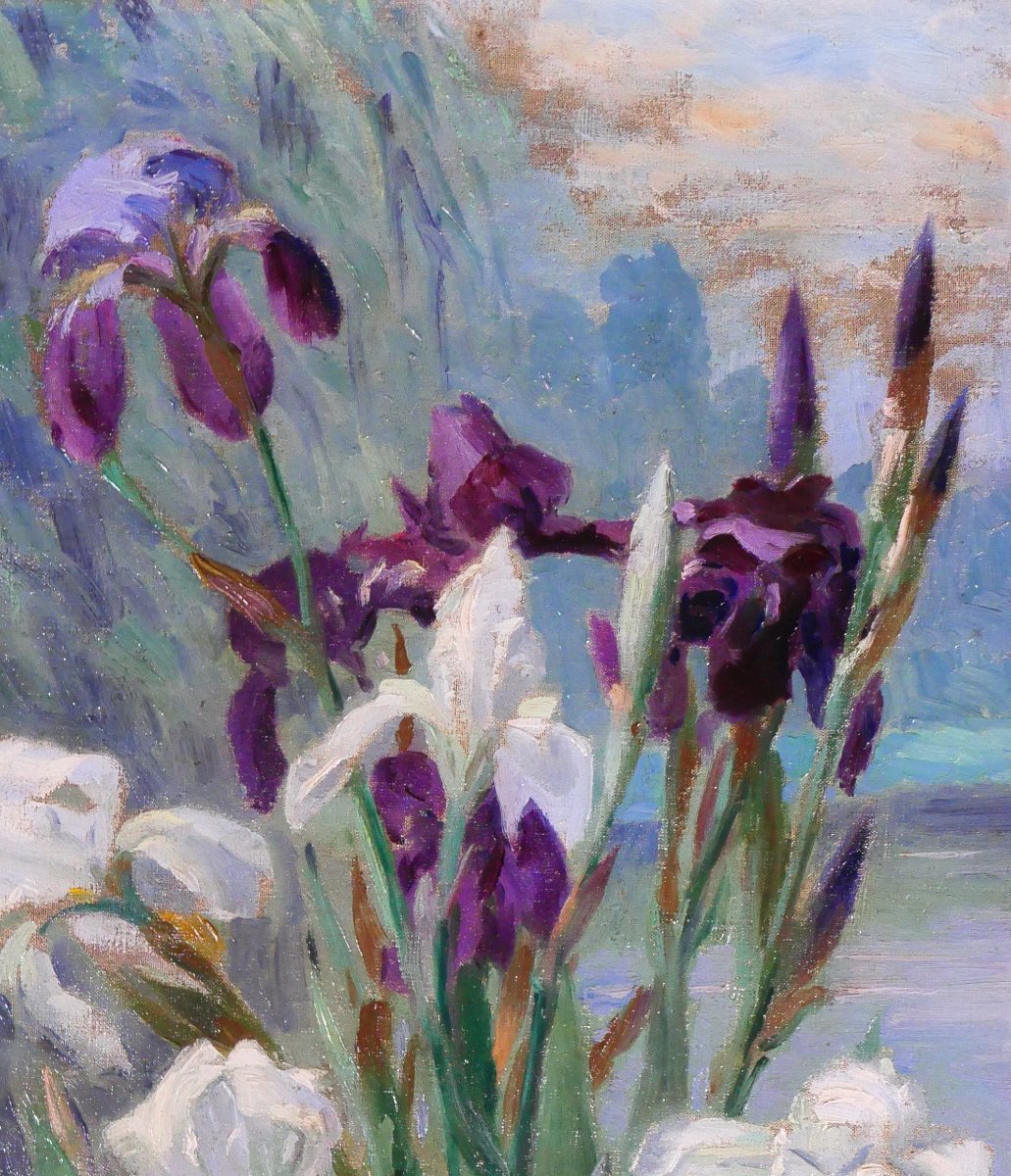 Paul-Eugène KREDER 1862 - 1920 Les iris, tableau 1890-1900 fleurs jardin impressionnisme-photo-2