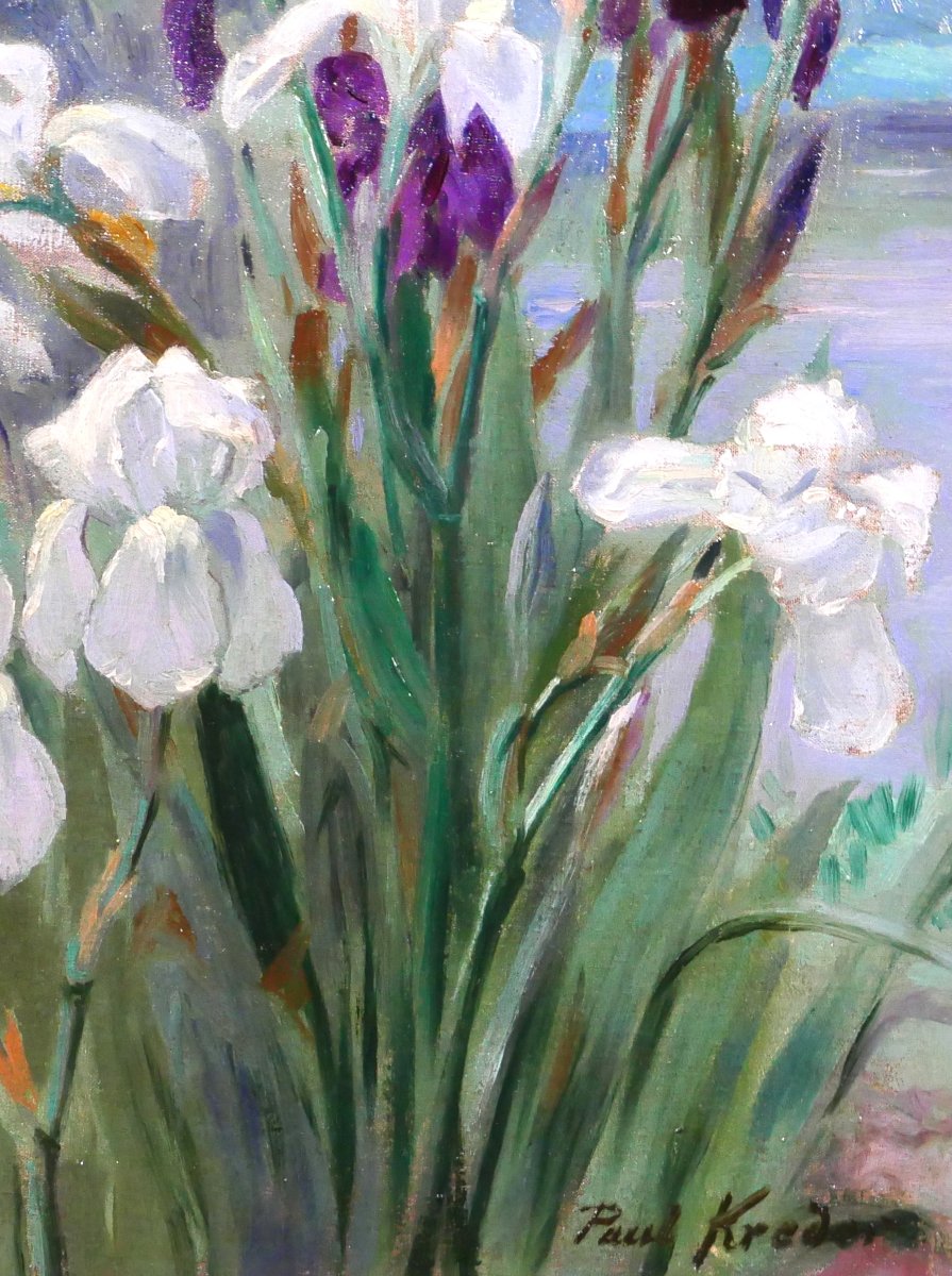 Paul-Eugène KREDER 1862 - 1920 Les iris, tableau 1890-1900 fleurs jardin impressionnisme-photo-3