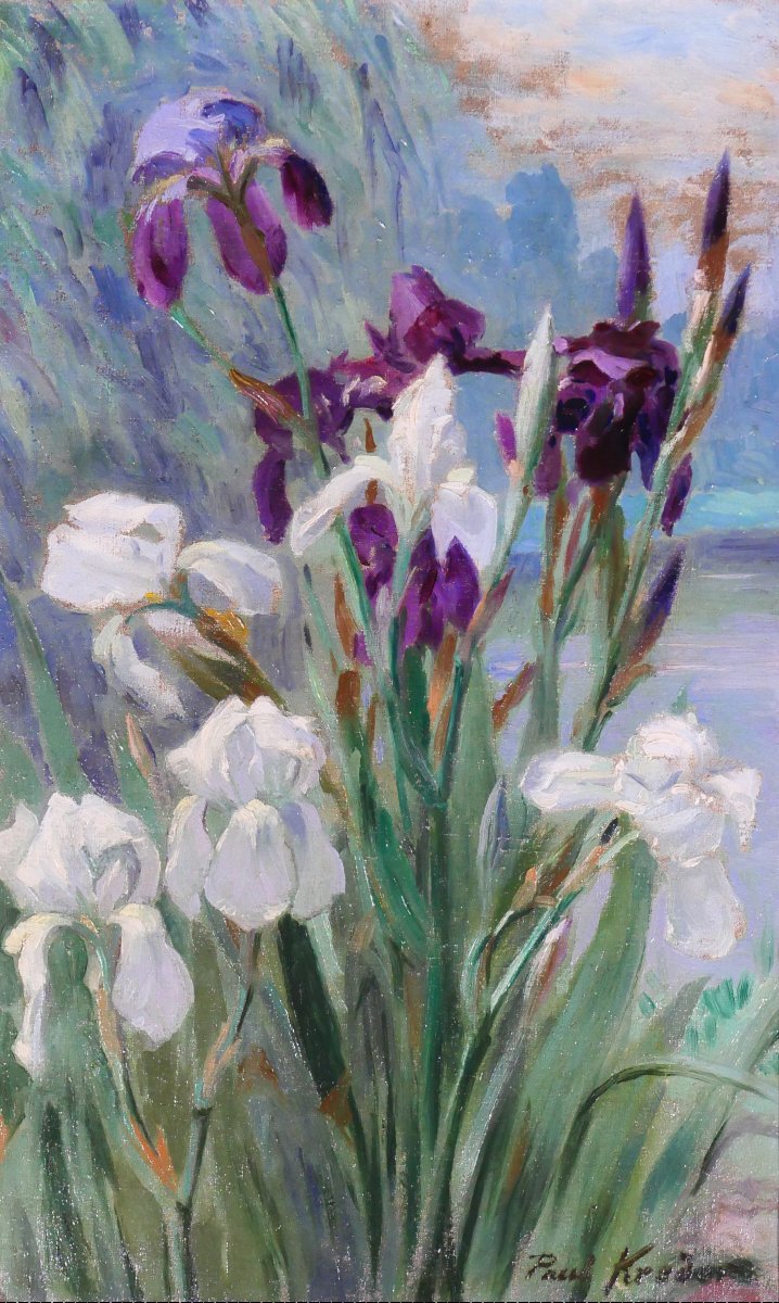 Paul-Eugène KREDER 1862 - 1920 Les iris, tableau 1890-1900 fleurs jardin impressionnisme