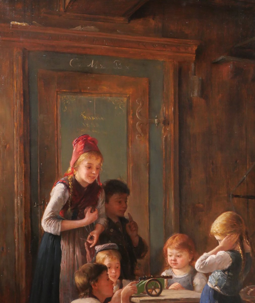 August Heyn 1837–1920 Children Around A Cannon, Painting, 1888, Munich-photo-1