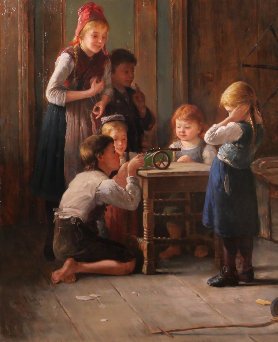 August Heyn 1837–1920 Children Around A Cannon, Painting, 1888, Munich-photo-4