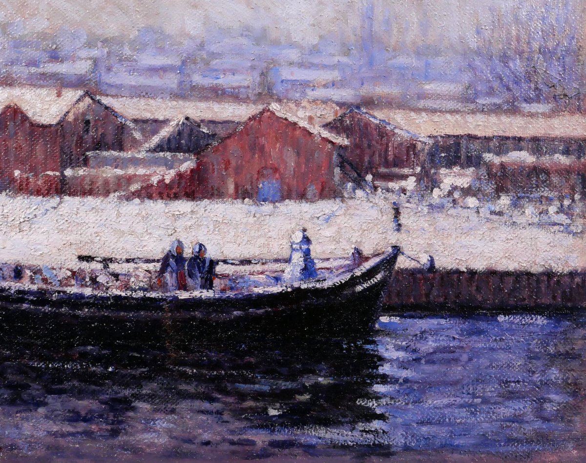 Louis Villemejeanne, Béziers, The New Port, Snow Effect, Painting, 1923 Hérault Montpellier-photo-3