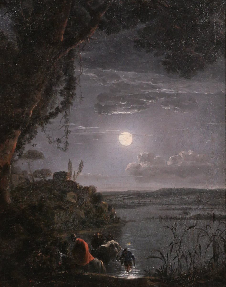 Jean-François HUE 1751-1823 Paysage au clair de lune, tableau, vers 1780-90 néoclassique-photo-4
