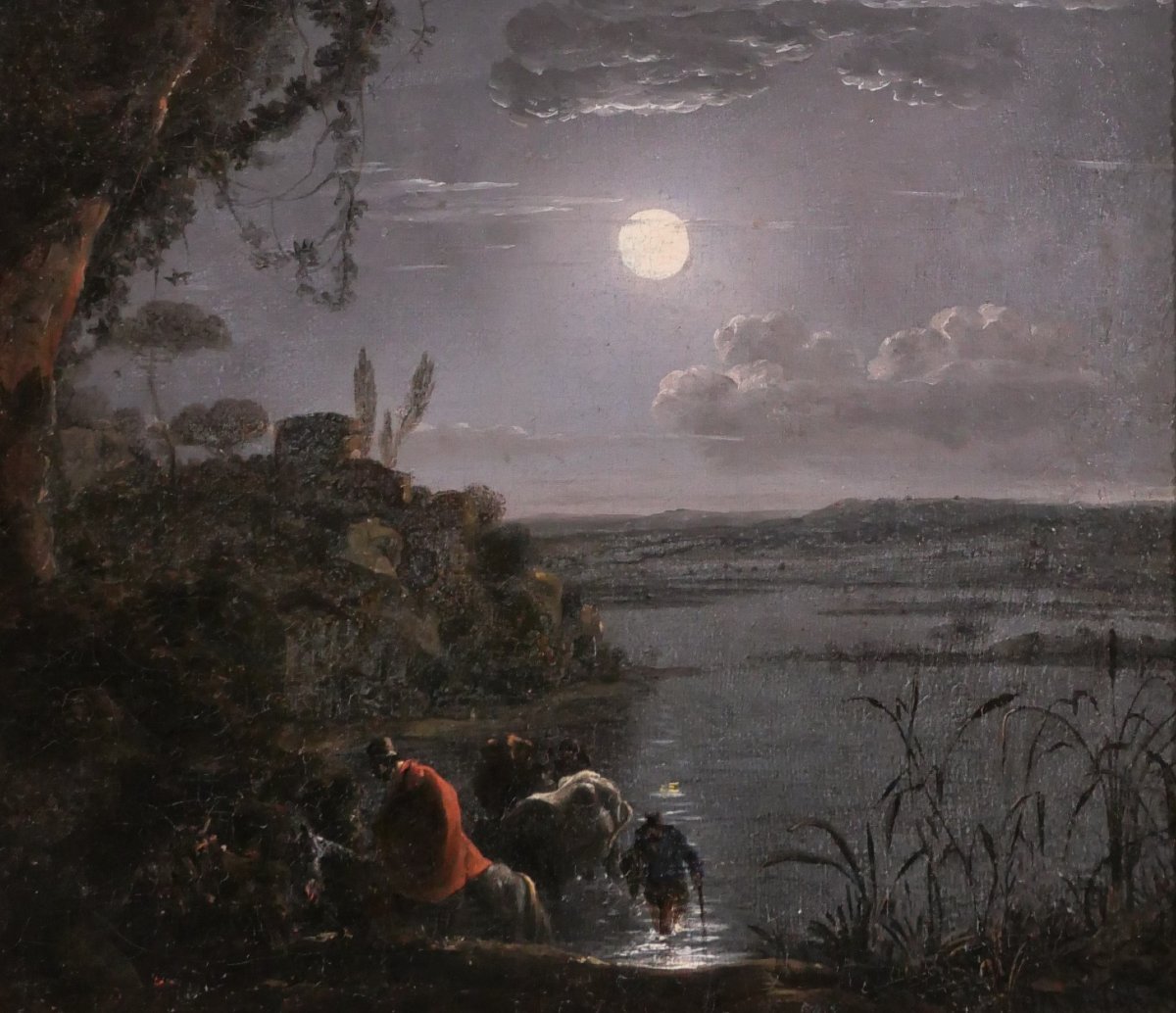 Jean-François HUE 1751-1823 Paysage au clair de lune, tableau, vers 1780-90 néoclassique-photo-3