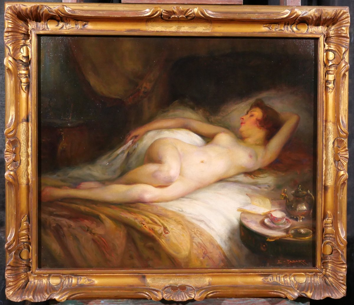 Emile Tabary 1857–1927 Nude Woman In Bed, Painting, Circa 1920-photo-2