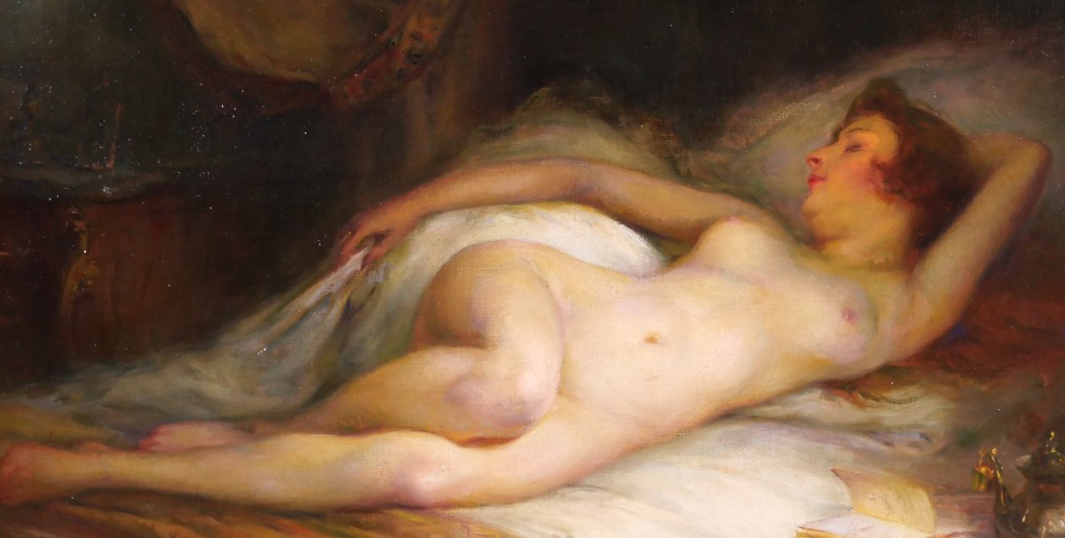 Emile Tabary 1857–1927 Nude Woman In Bed, Painting, Circa 1920-photo-3