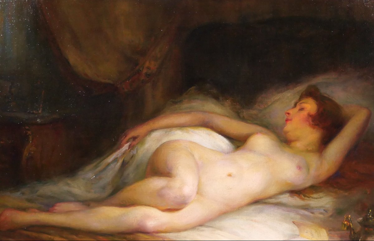 Emile Tabary 1857–1927 Nude Woman In Bed, Painting, Circa 1920-photo-4