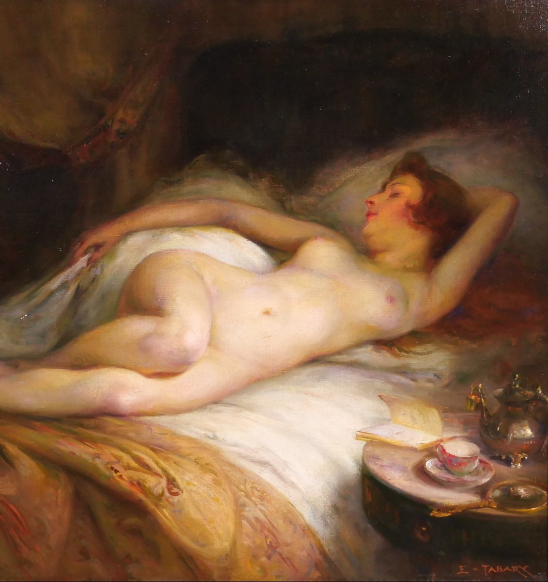 Emile Tabary 1857–1927 Nude Woman In Bed, Painting, Circa 1920-photo-1