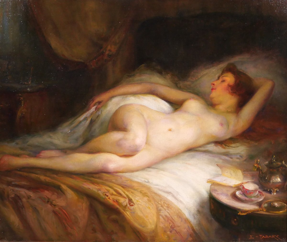 Emile Tabary 1857–1927 Nude Woman In Bed, Painting, Circa 1920