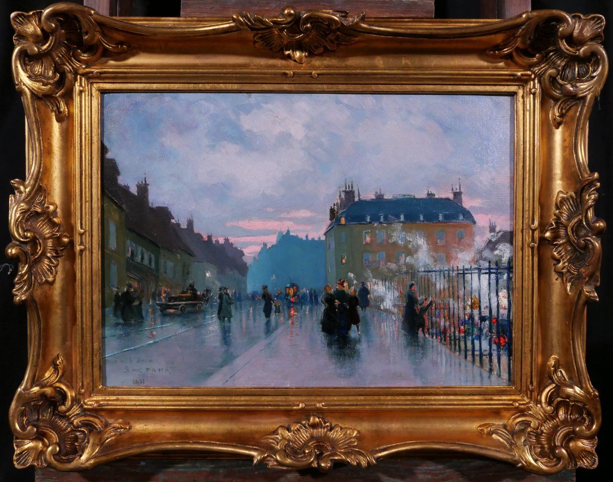 Léopold Smetana 1867–1948 Paris, Andscape With Trains, Evening Cene, Painting 1911-photo-2