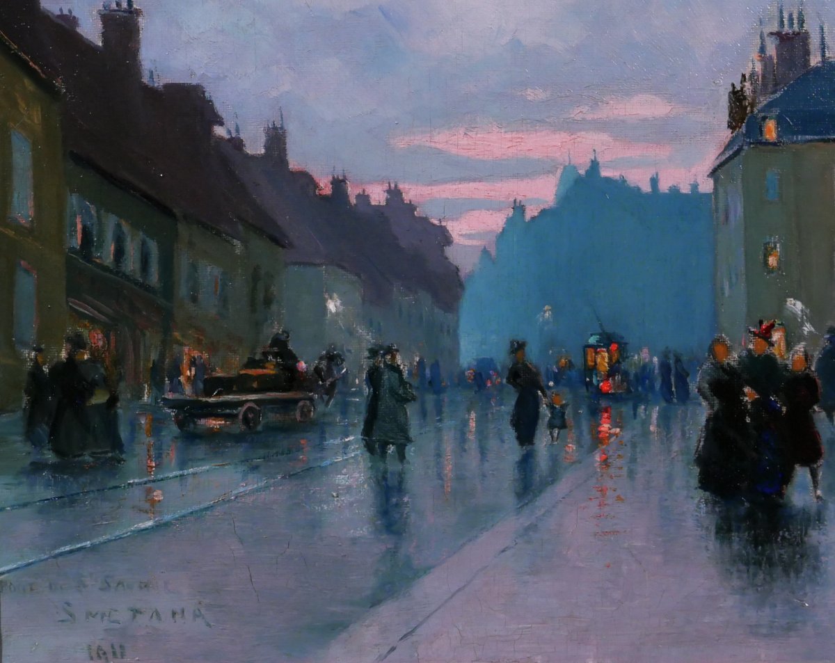 Léopold Smetana 1867–1948 Paris, Andscape With Trains, Evening Cene, Painting 1911-photo-4