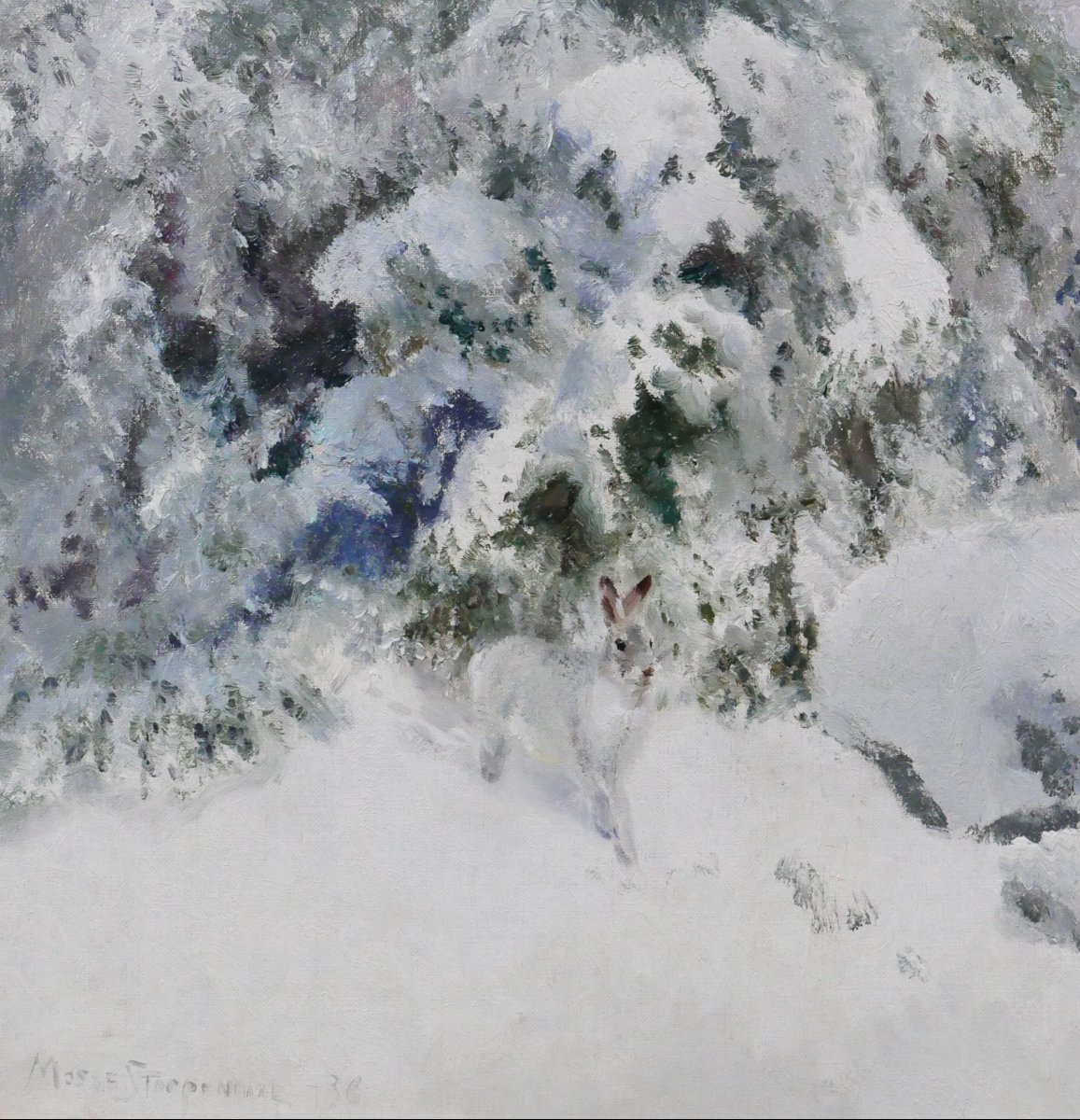 MOSSE STOOPENDAAL 1901-1948 Lièvre d'hiver, tableau 1936 Suède animaux lapin paysage neige-photo-3