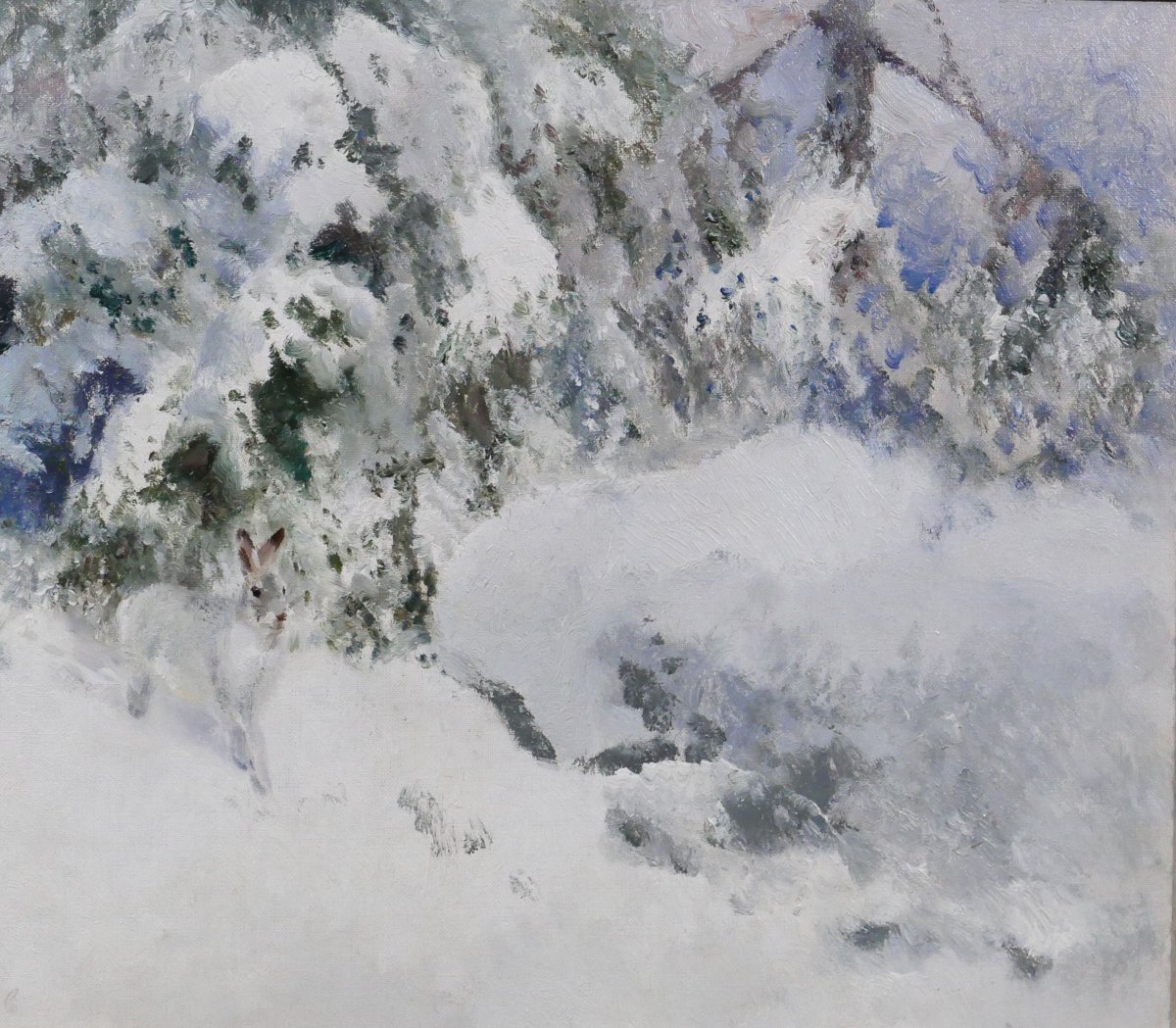 MOSSE STOOPENDAAL 1901-1948 Lièvre d'hiver, tableau 1936 Suède animaux lapin paysage neige-photo-4