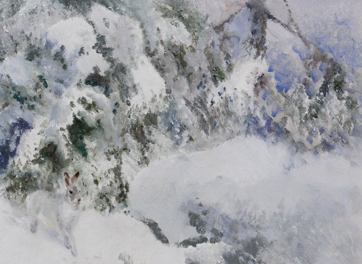 MOSSE STOOPENDAAL 1901-1948 Lièvre d'hiver, tableau 1936 Suède animaux lapin paysage neige-photo-2
