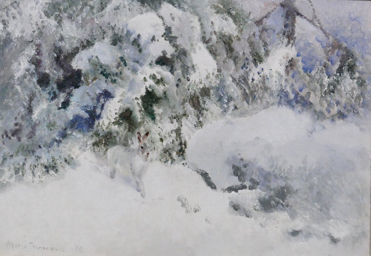 MOSSE STOOPENDAAL 1901-1948 Lièvre d'hiver, tableau 1936 Suède animaux lapin paysage neige