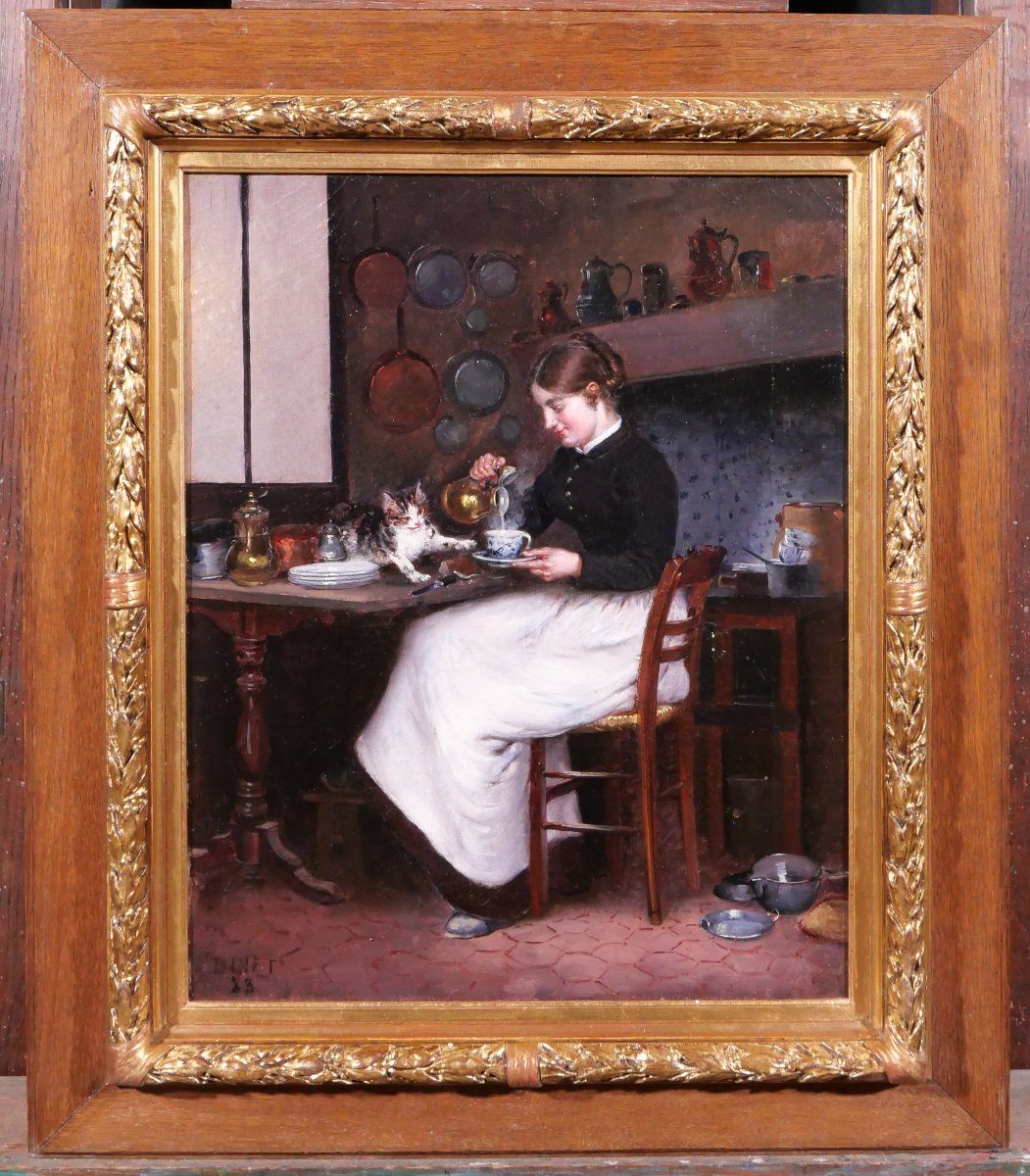 Adolphe Binet 1854–1897 Woman With A Cat, Painting, 1883 Interior Animals Kitchen Impressionism-photo-2