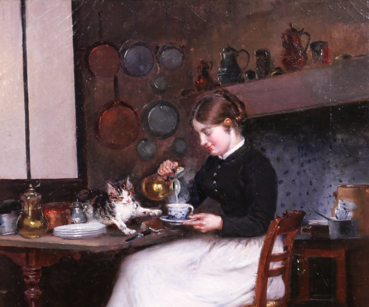 Adolphe Binet 1854–1897 Woman With A Cat, Painting, 1883 Interior Animals Kitchen Impressionism-photo-3