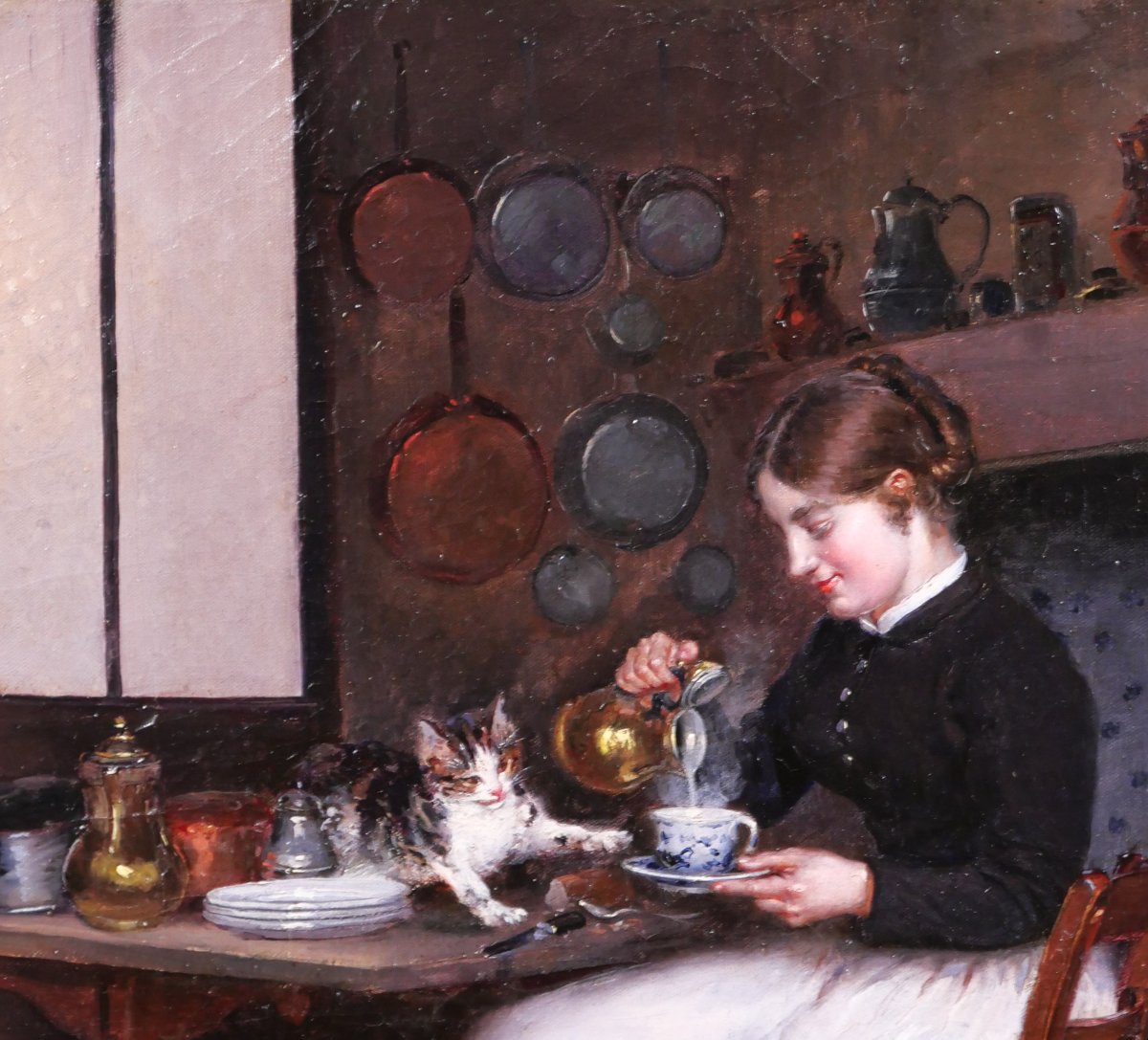Adolphe Binet 1854–1897 Woman With A Cat, Painting, 1883 Interior Animals Kitchen Impressionism-photo-1