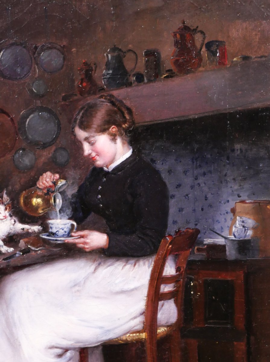 Adolphe Binet 1854–1897 Woman With A Cat, Painting, 1883 Interior Animals Kitchen Impressionism-photo-2