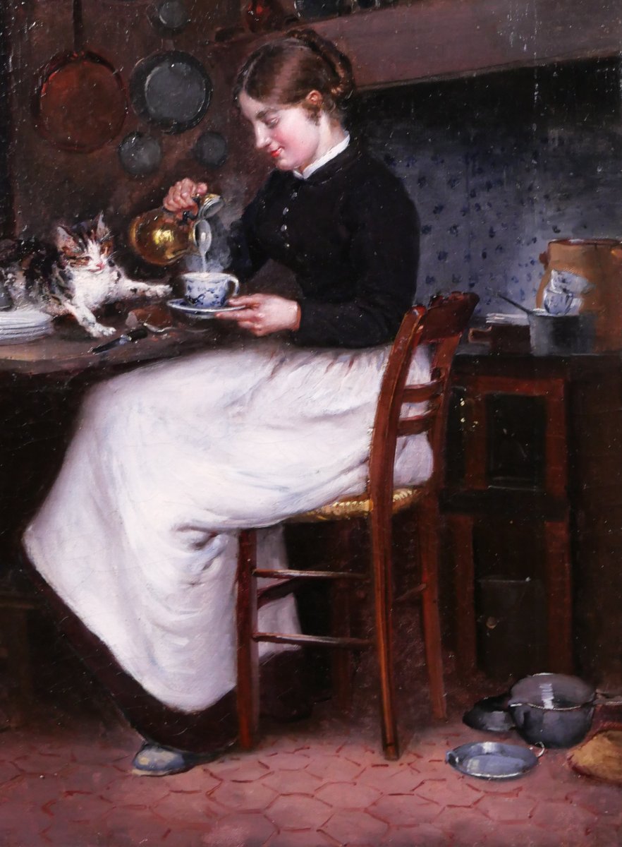 Adolphe Binet 1854–1897 Woman With A Cat, Painting, 1883 Interior Animals Kitchen Impressionism-photo-3