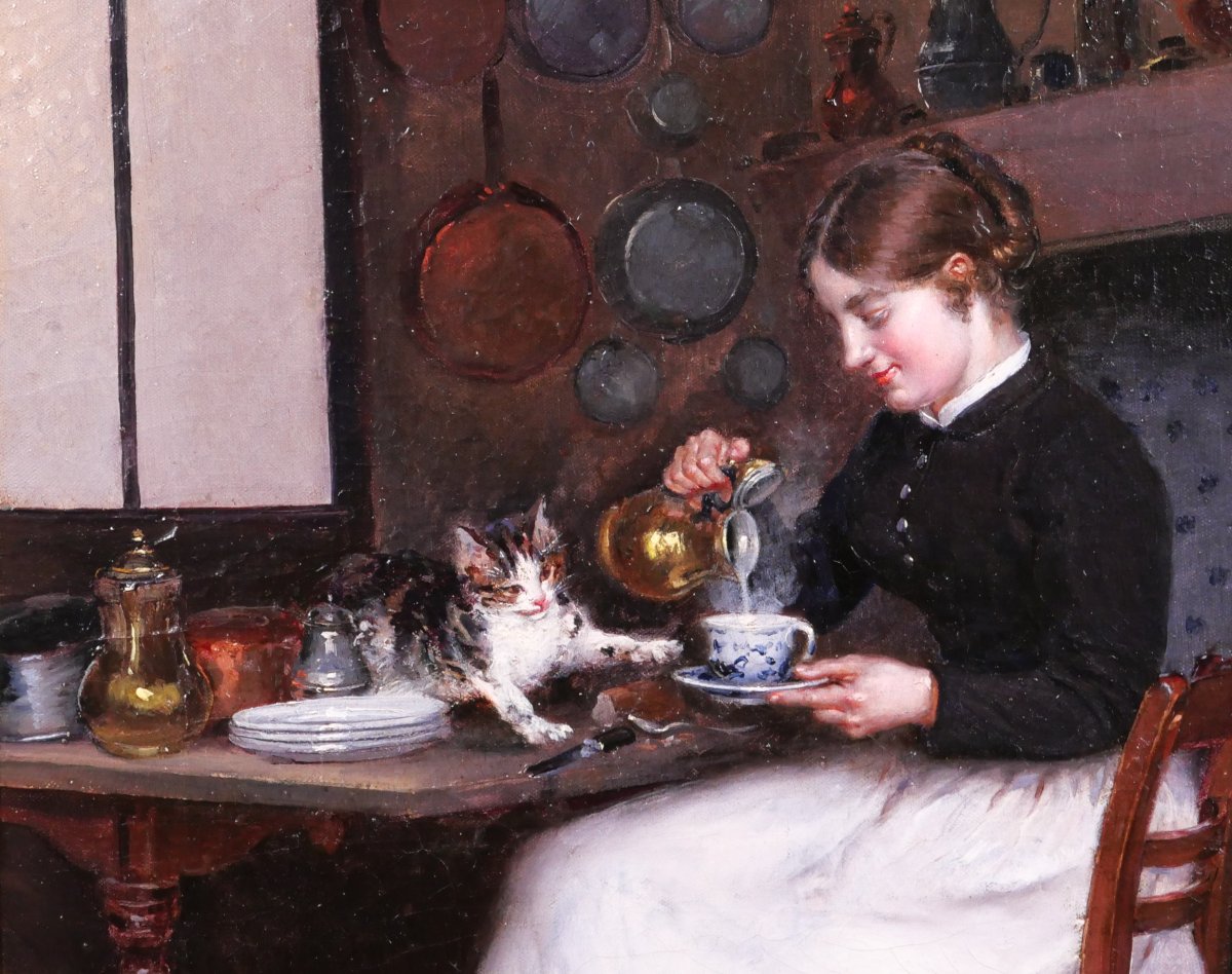 Adolphe Binet 1854–1897 Woman With A Cat, Painting, 1883 Interior Animals Kitchen Impressionism-photo-4