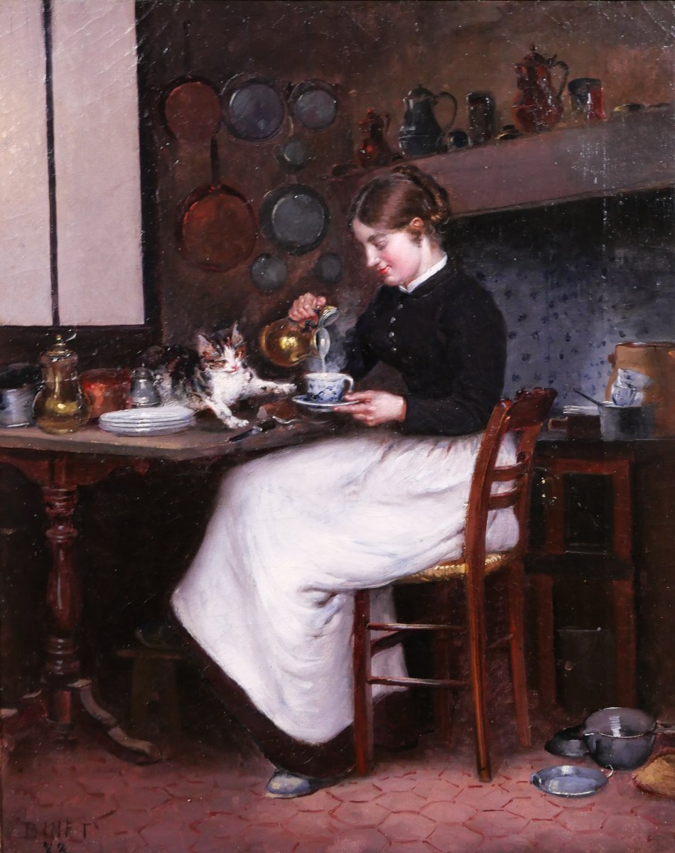 Adolphe Binet 1854–1897 Woman With A Cat, Painting, 1883 Interior Animals Kitchen Impressionism