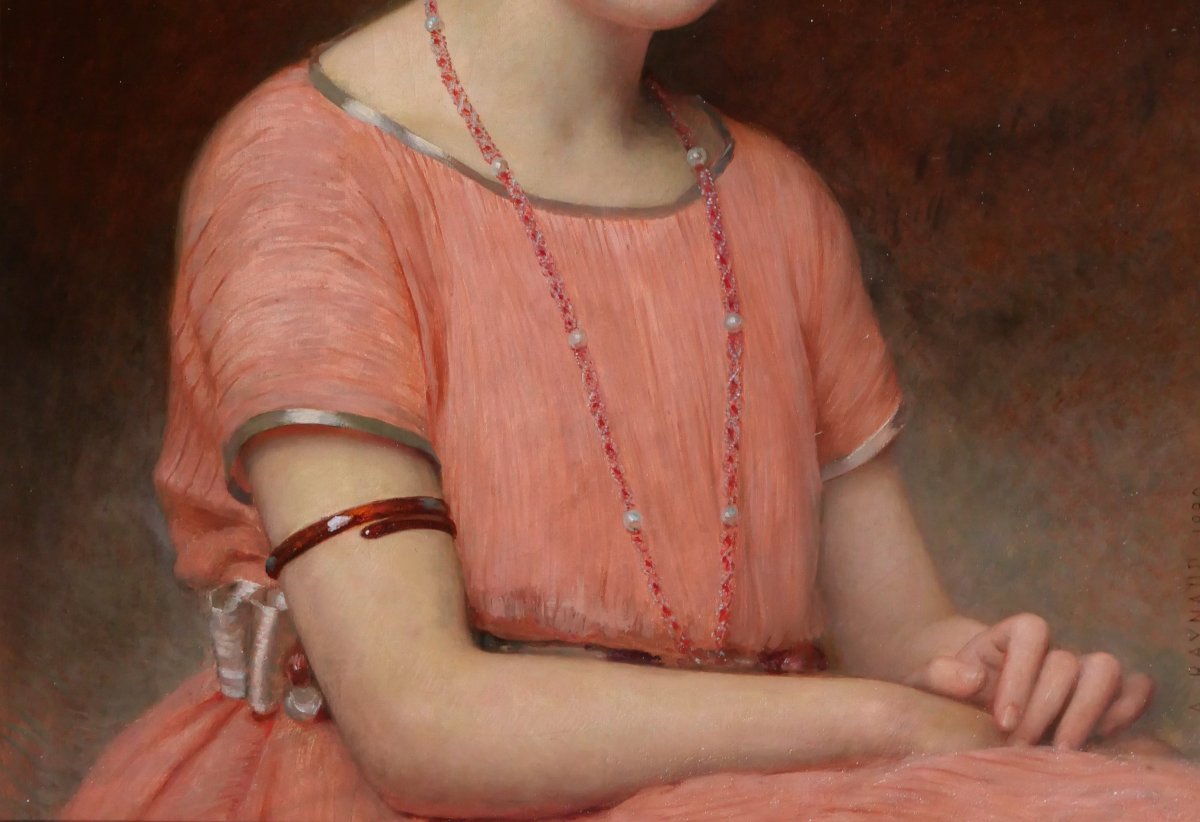 Auguste RAYNAUD 1854-1937 Portrait de jeune femme aux bijoux, tableau, 1920 Art Nouveau-photo-4