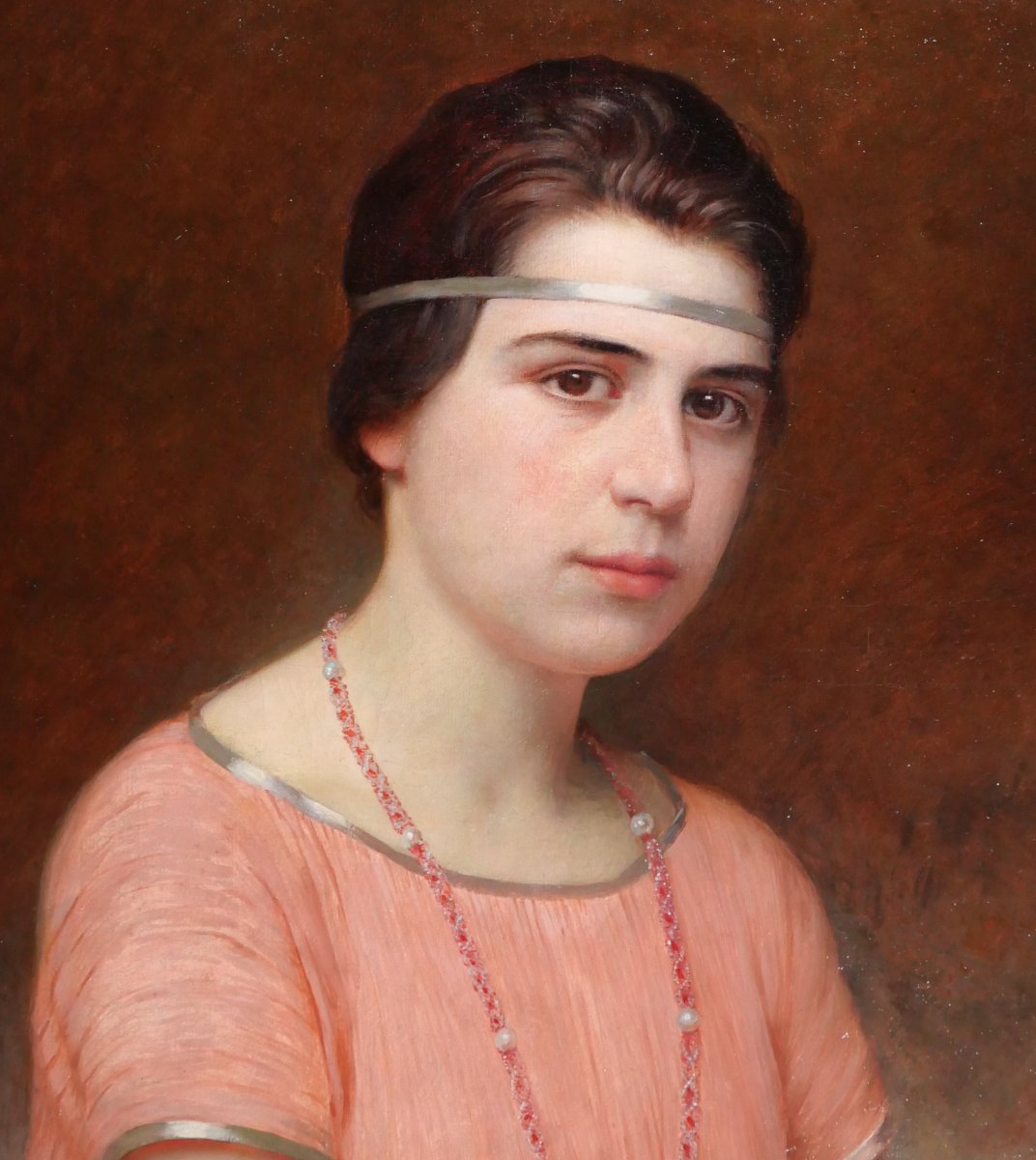 Auguste RAYNAUD 1854-1937 Portrait de jeune femme aux bijoux, tableau, 1920 Art Nouveau-photo-1