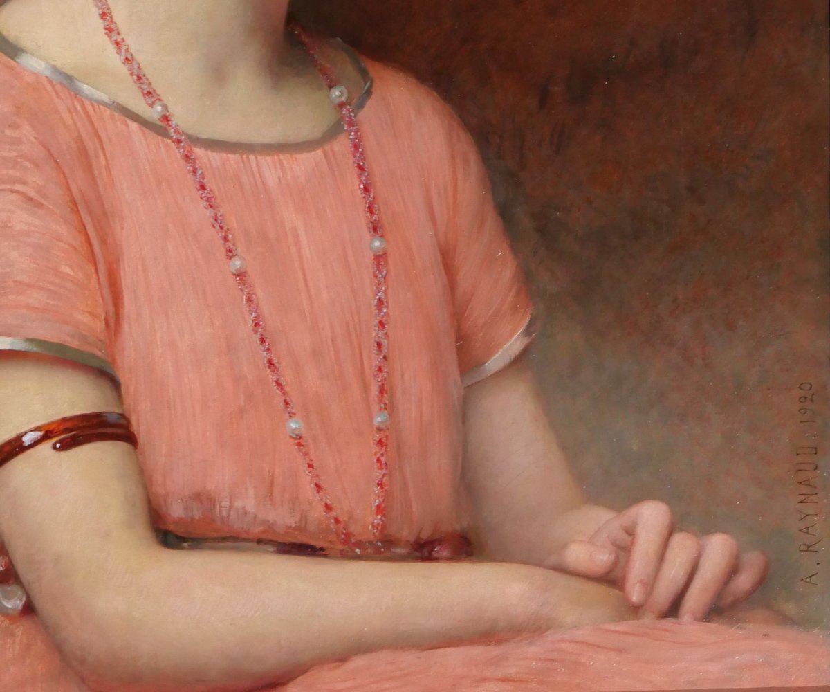 Auguste RAYNAUD 1854-1937 Portrait de jeune femme aux bijoux, tableau, 1920 Art Nouveau-photo-3