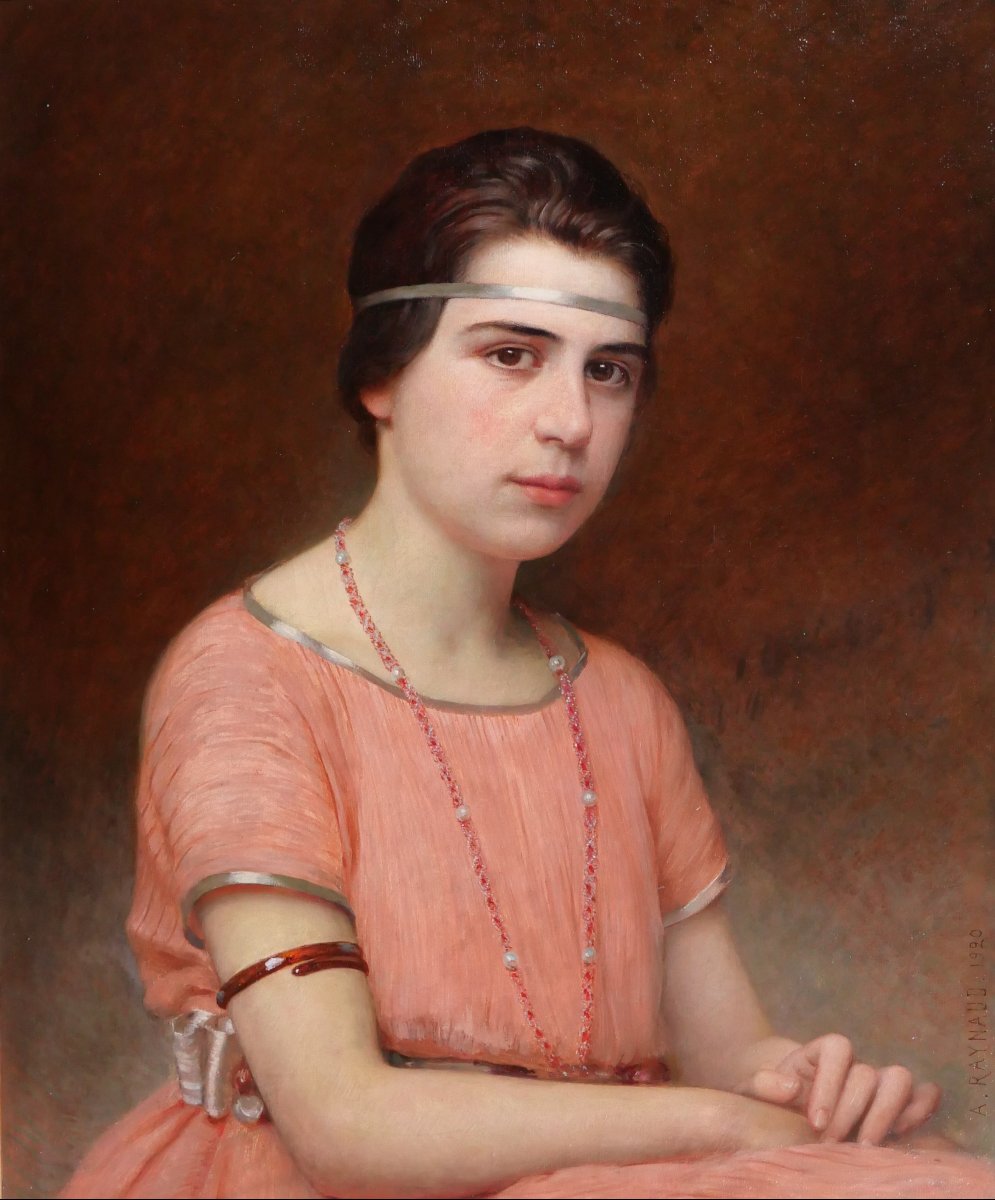 Auguste RAYNAUD 1854-1937 Portrait de jeune femme aux bijoux, tableau, 1920 Art Nouveau