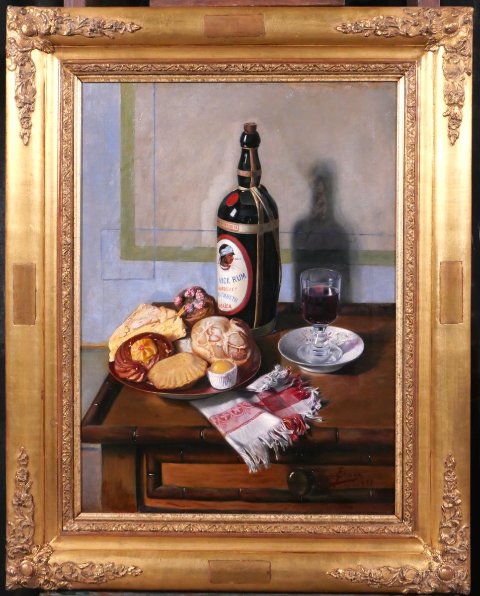 Emilio ALIAGA ROMAGOSA 1876-1944 Nature morte au rhum et gateaux, tableau, 1897 Espagne-photo-2