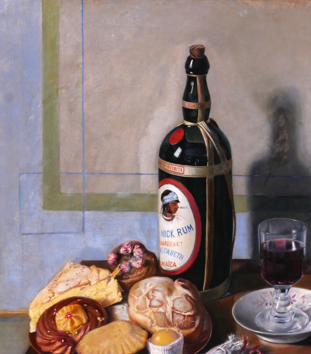 Emilio ALIAGA ROMAGOSA 1876-1944 Nature morte au rhum et gateaux, tableau, 1897 Espagne-photo-1