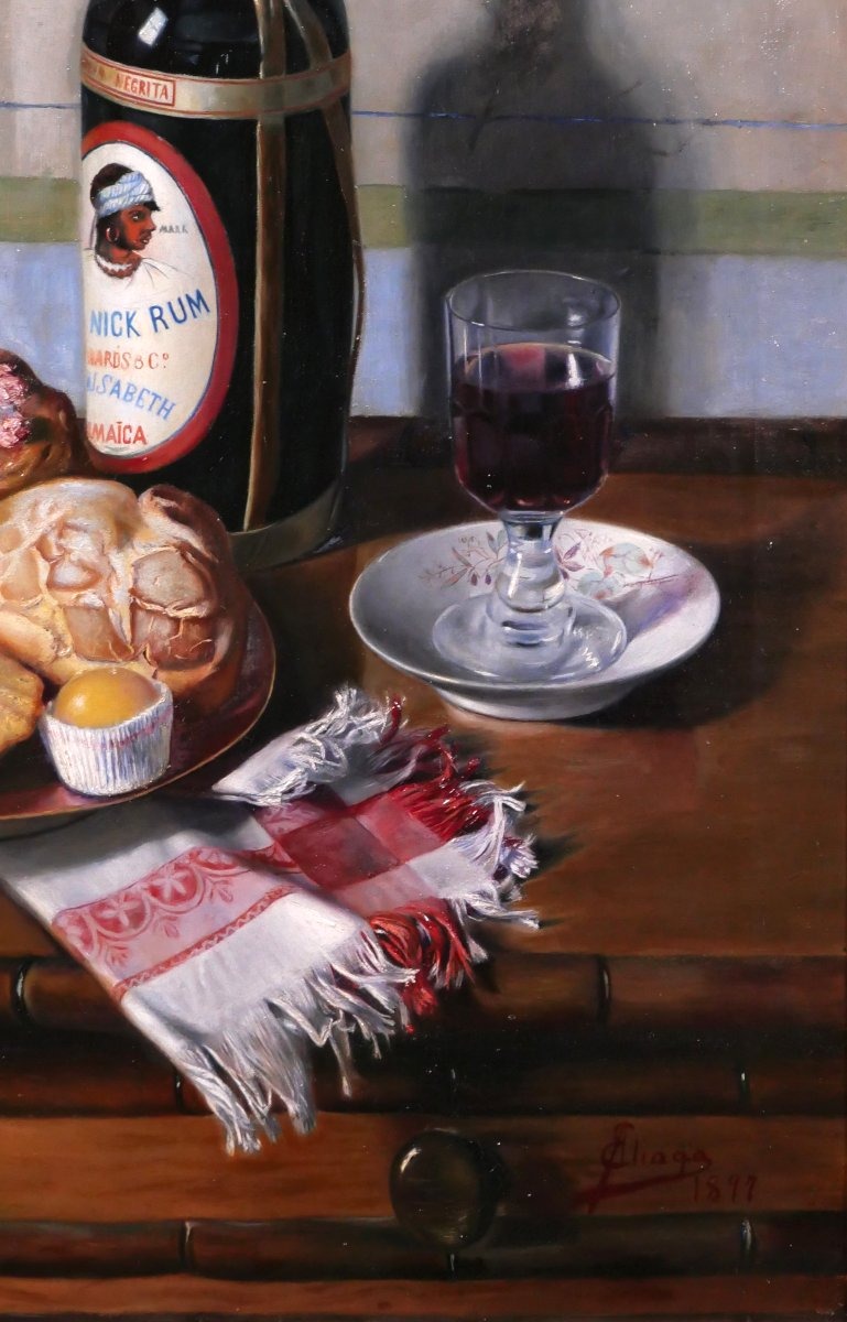 Emilio ALIAGA ROMAGOSA 1876-1944 Nature morte au rhum et gateaux, tableau, 1897 Espagne-photo-3
