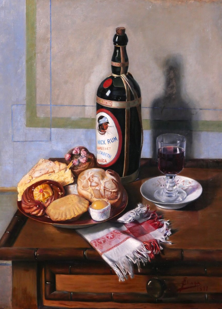 Emilio ALIAGA ROMAGOSA 1876-1944 Nature morte au rhum et gateaux, tableau, 1897 Espagne