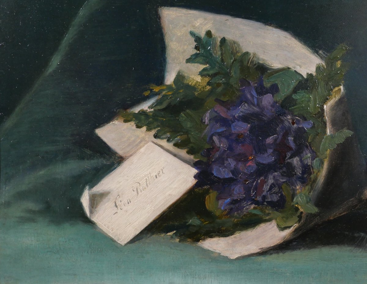 Léon ROTTHIER 1868-1957 Bouquet de violettes, tableau 1900 fleurs nature morte impressionnisme-photo-1