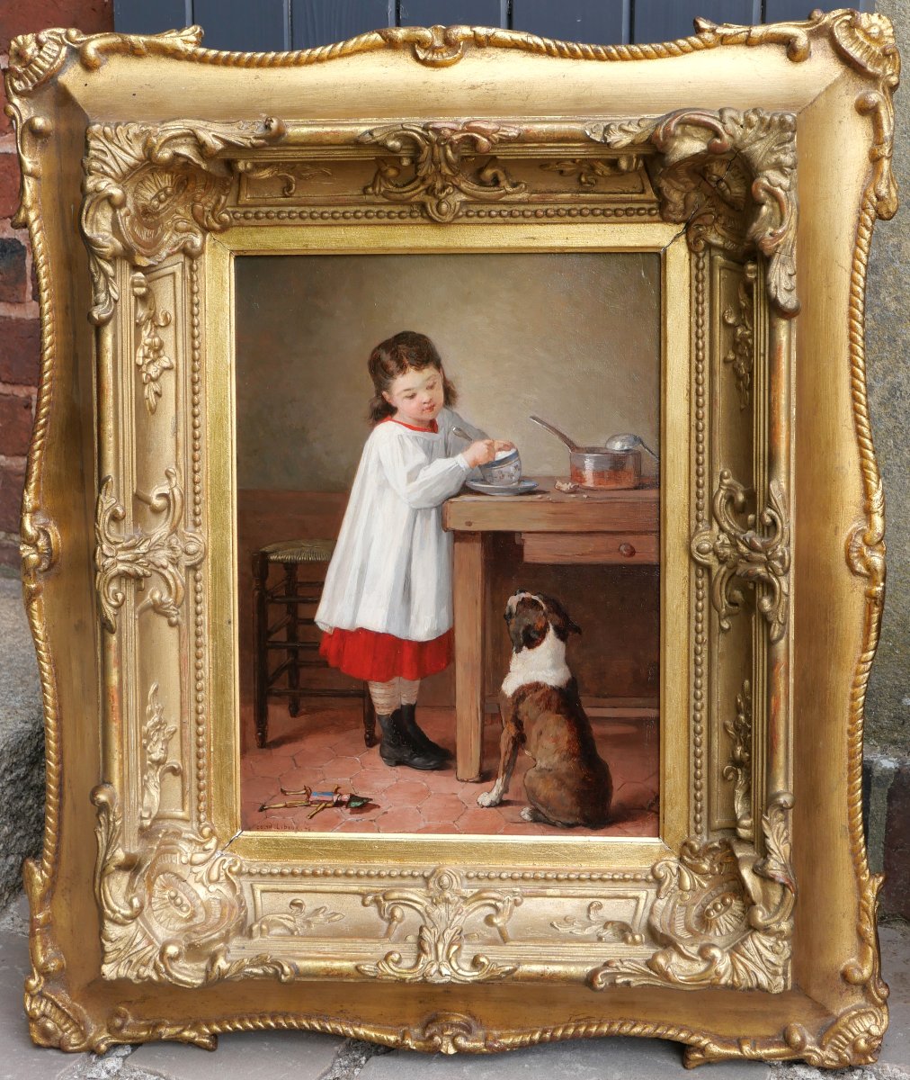 Uranie COLIN-LIBOUR 1831-1916 Enfant et chien, le petit déjeuner, tableau, 1876 bouledogue-photo-2