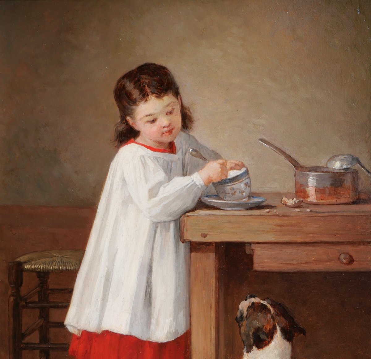 Uranie COLIN-LIBOUR 1831-1916 Enfant et chien, le petit déjeuner, tableau, 1876 bouledogue-photo-3