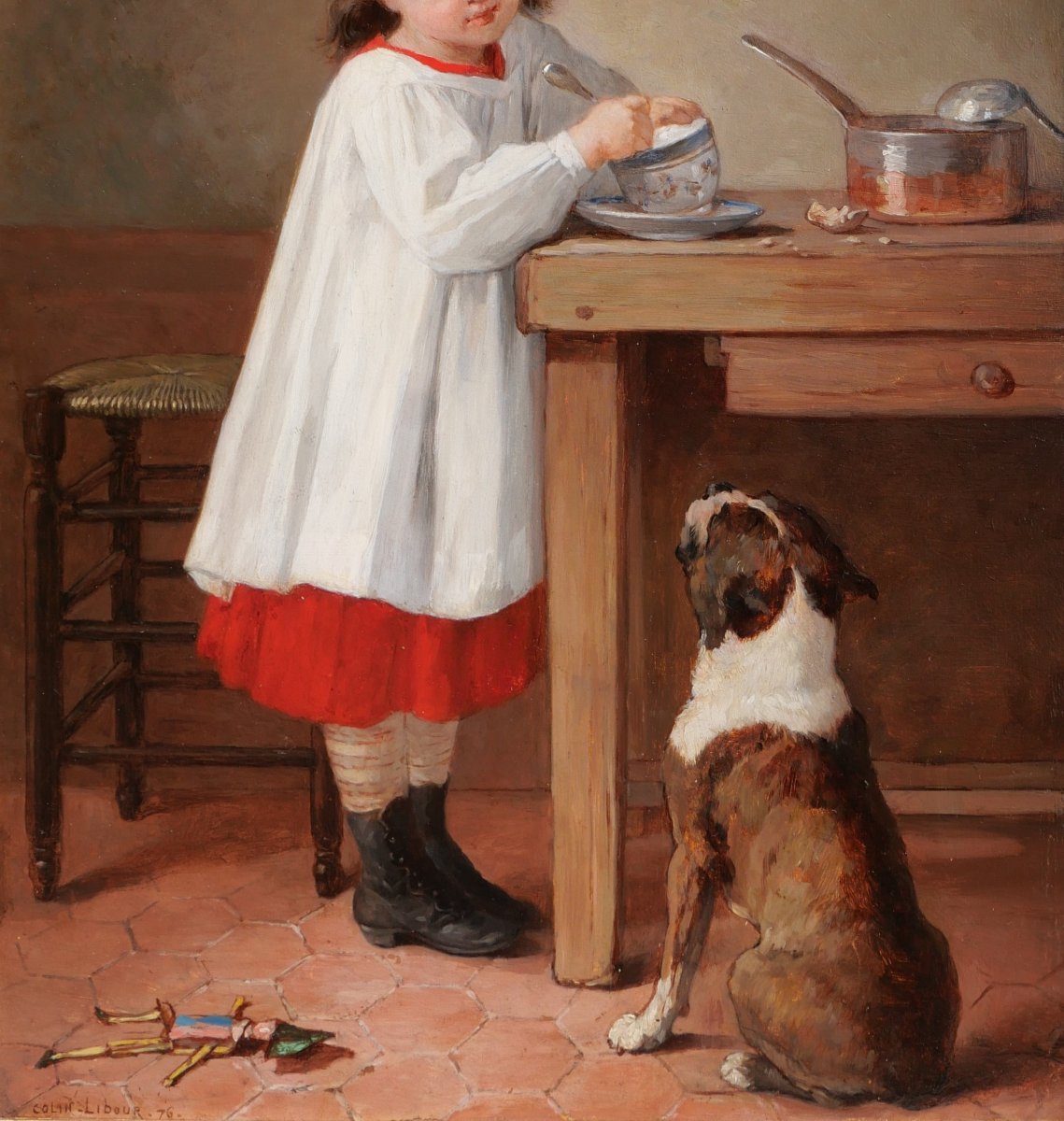 Uranie COLIN-LIBOUR 1831-1916 Enfant et chien, le petit déjeuner, tableau, 1876 bouledogue-photo-4