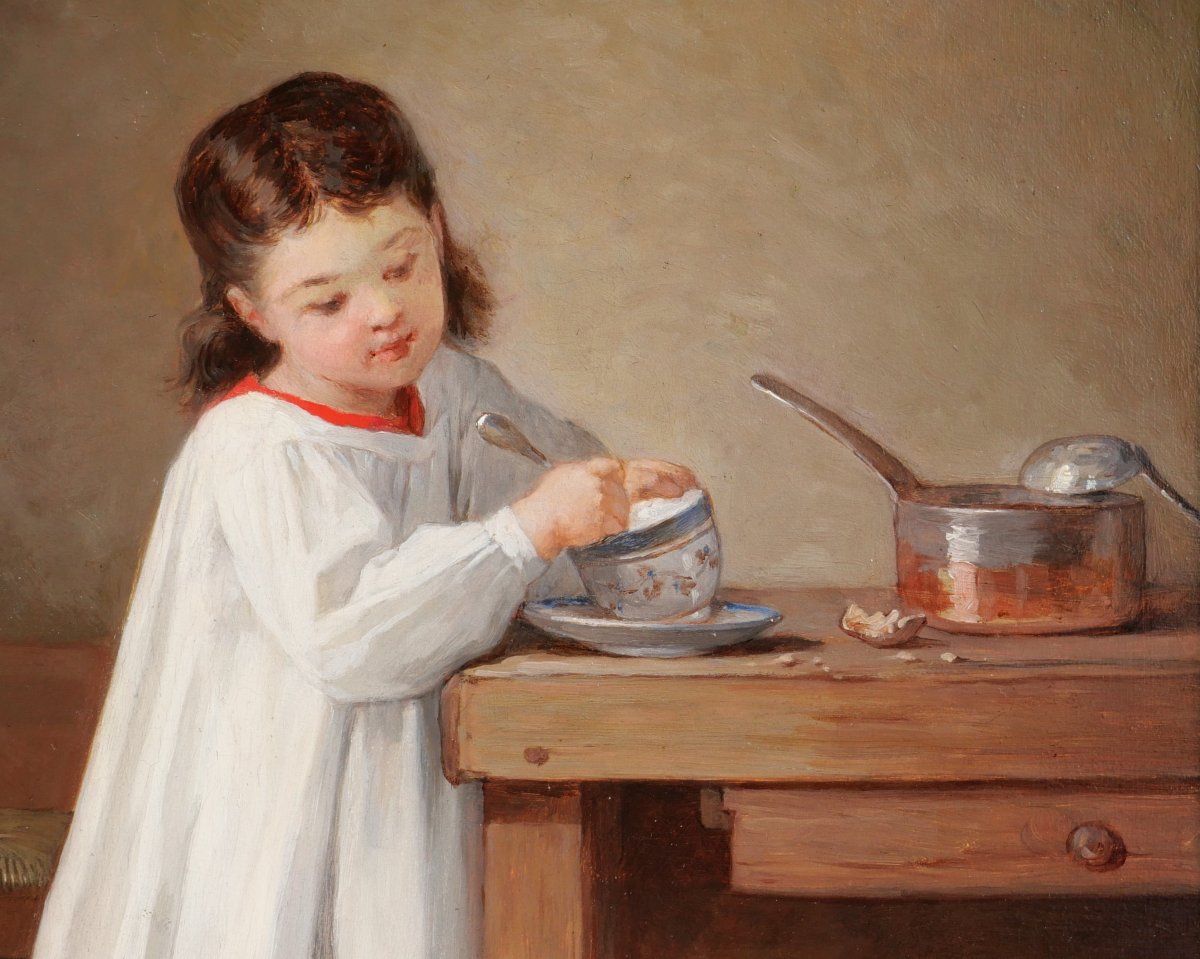 Uranie COLIN-LIBOUR 1831-1916 Enfant et chien, le petit déjeuner, tableau, 1876 bouledogue-photo-2