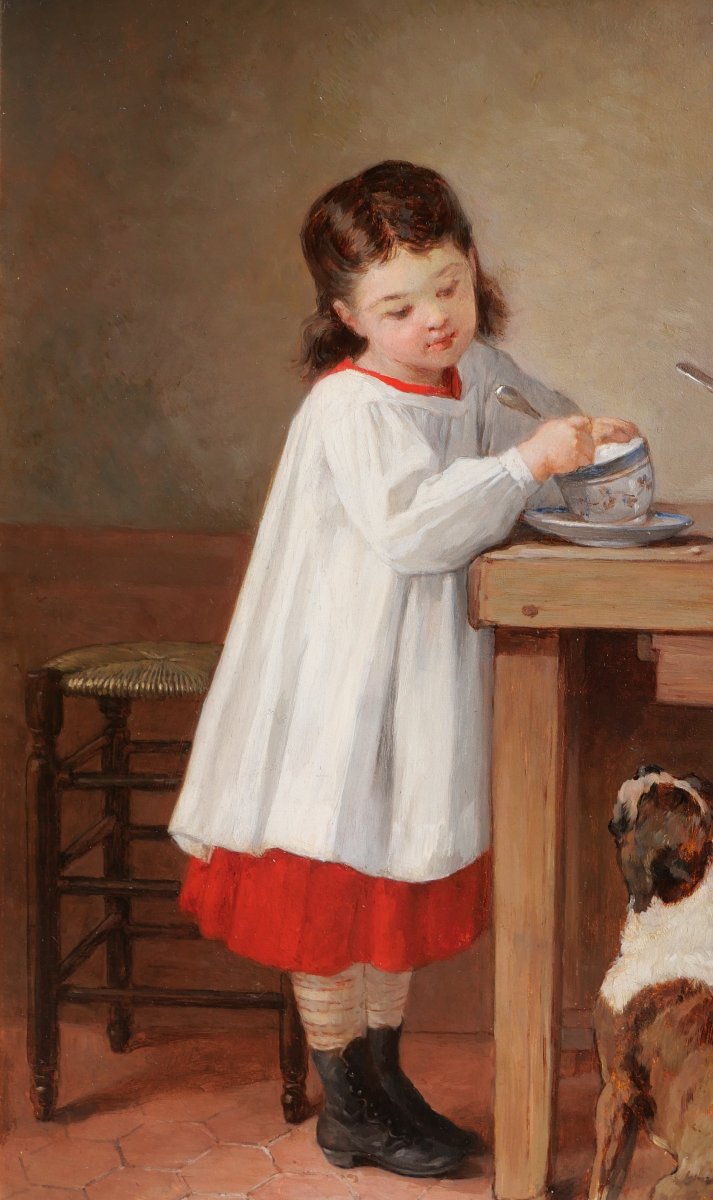 Uranie COLIN-LIBOUR 1831-1916 Enfant et chien, le petit déjeuner, tableau, 1876 bouledogue-photo-4
