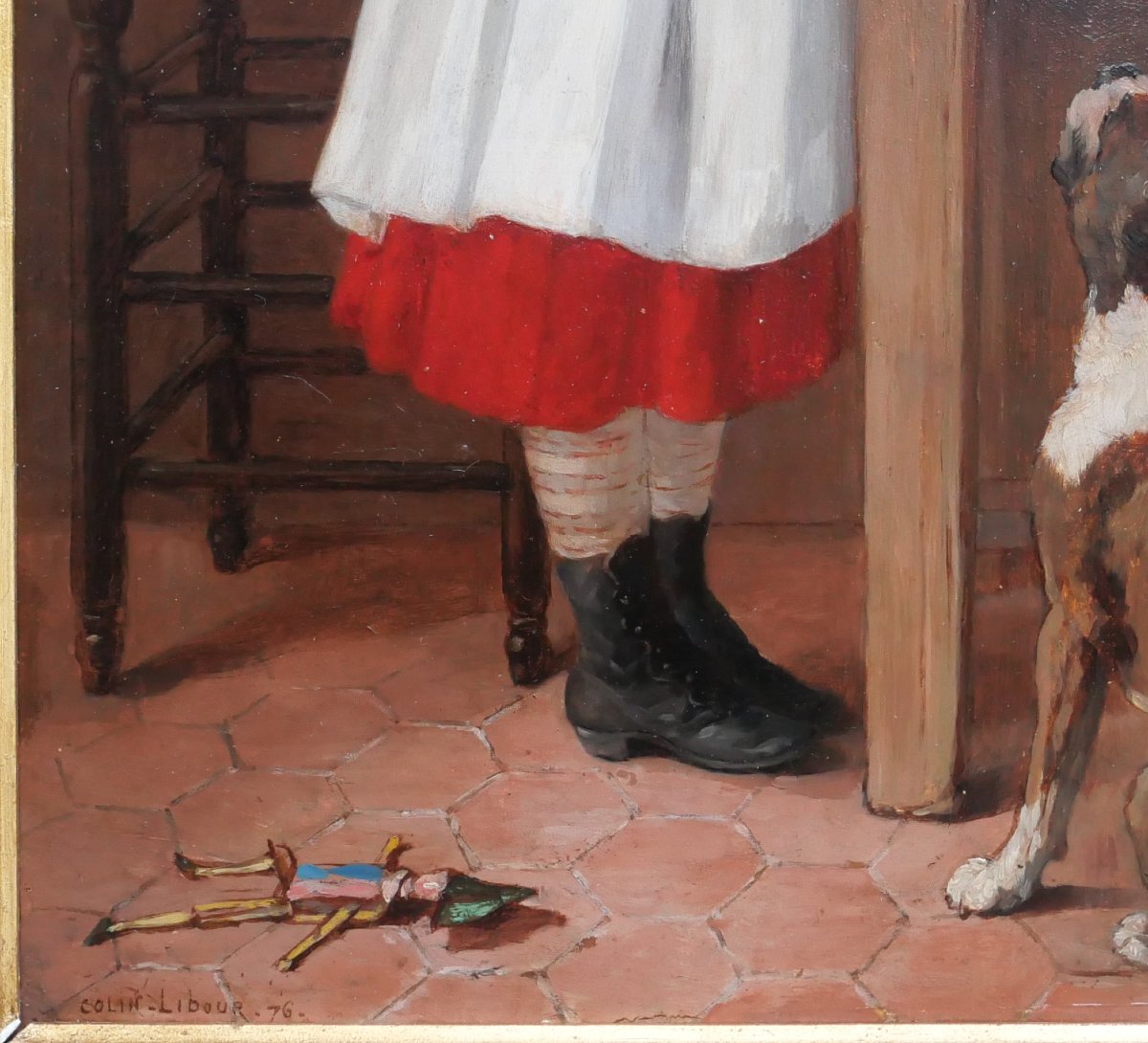 Uranie COLIN-LIBOUR 1831-1916 Enfant et chien, le petit déjeuner, tableau, 1876 bouledogue-photo-5