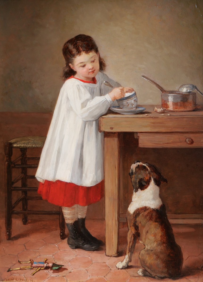 Uranie COLIN-LIBOUR 1831-1916 Enfant et chien, le petit déjeuner, tableau, 1876 bouledogue
