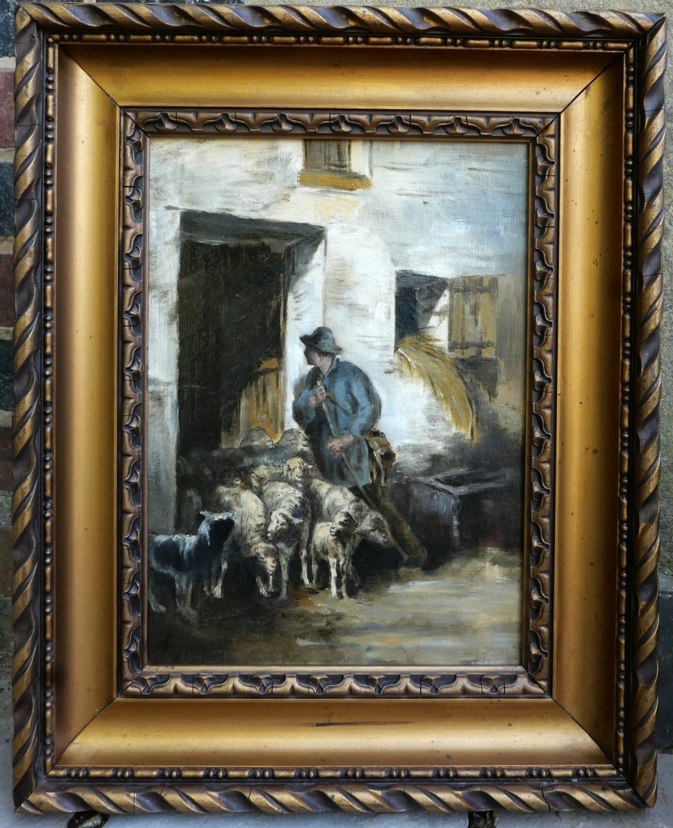 Charles JACQUE 1813-1894 Berger et moutons, tableau Barbizon animaux ferme paysan-photo-2