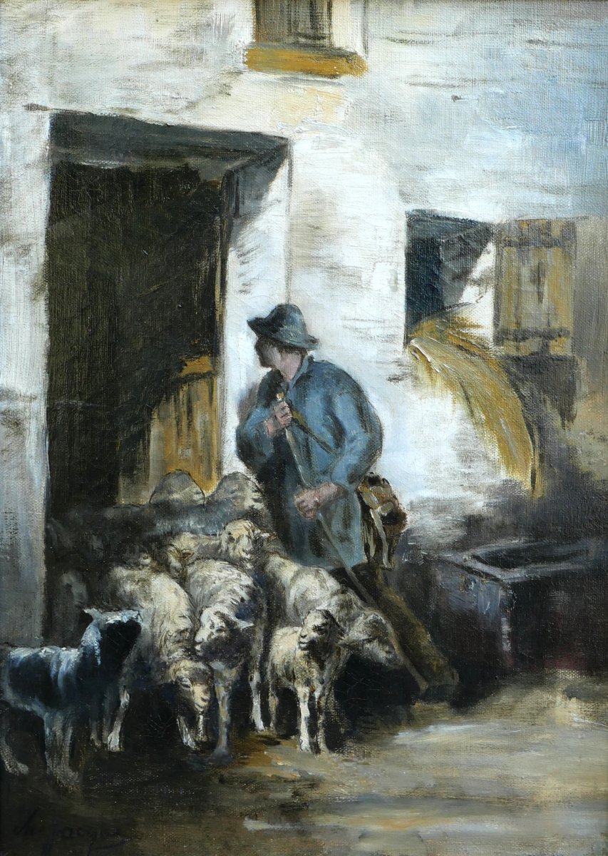 Charles JACQUE 1813-1894 Berger et moutons, tableau Barbizon animaux ferme paysan