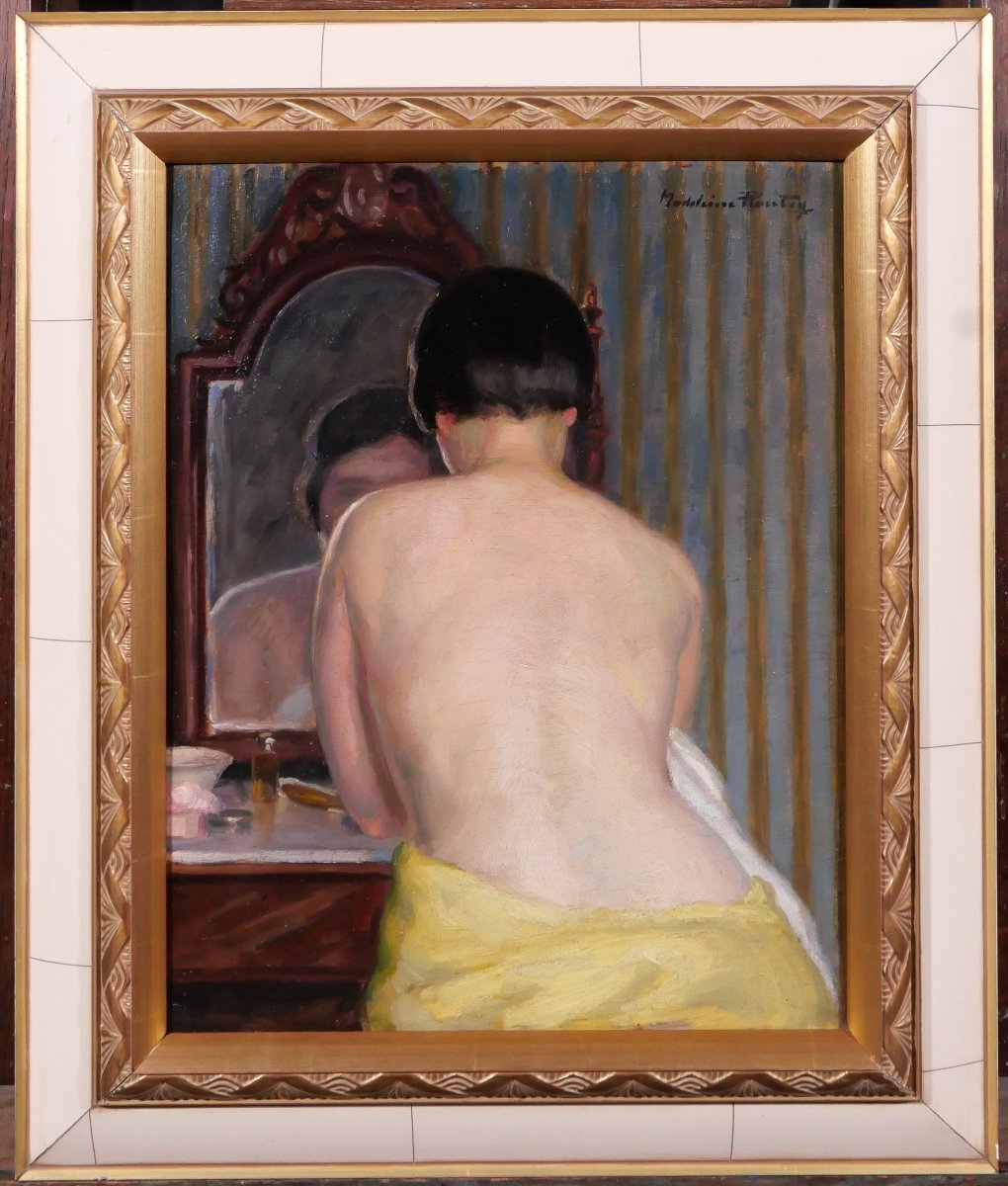 Madeleine Plantey 1890–1985 Nude Woman Dressing In Front Of A Mirror, Painting, C 1930 Art Deco-photo-2