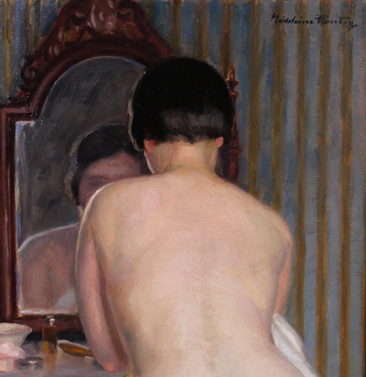 Madeleine Plantey 1890–1985 Nude Woman Dressing In Front Of A Mirror, Painting, C 1930 Art Deco-photo-3