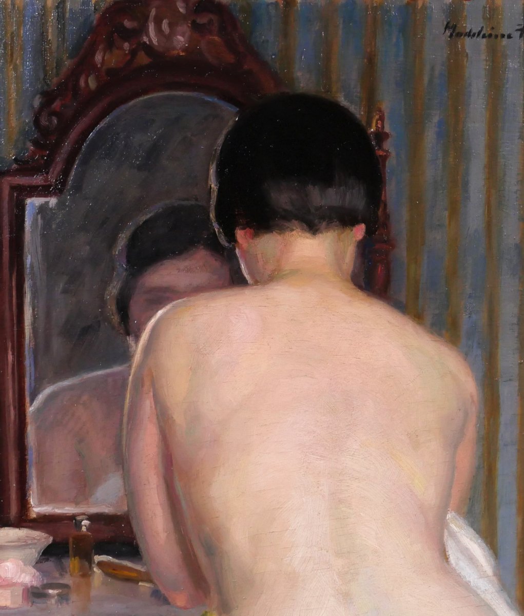 Madeleine Plantey 1890–1985 Nude Woman Dressing In Front Of A Mirror, Painting, C 1930 Art Deco-photo-1
