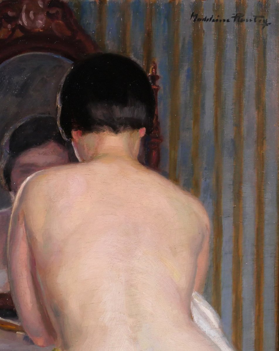 Madeleine Plantey 1890–1985 Nude Woman Dressing In Front Of A Mirror, Painting, C 1930 Art Deco-photo-2