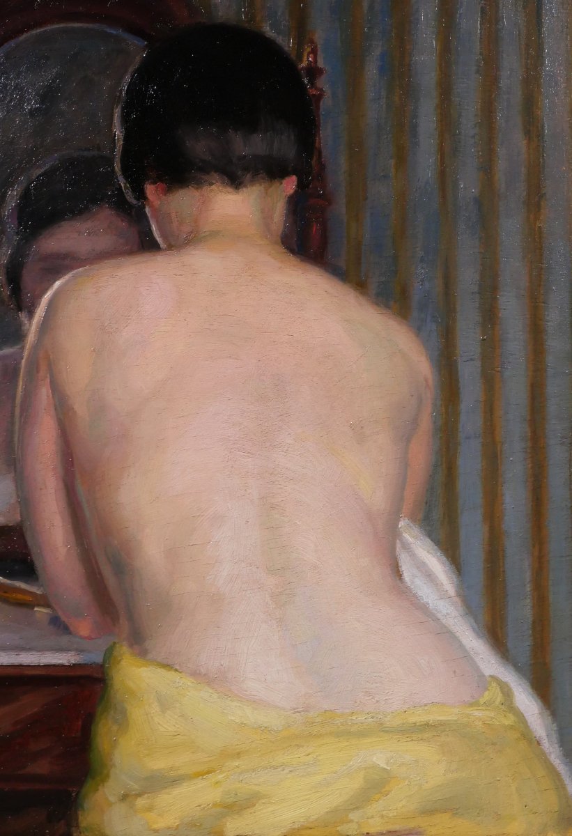 Madeleine Plantey 1890–1985 Nude Woman Dressing In Front Of A Mirror, Painting, C 1930 Art Deco-photo-3