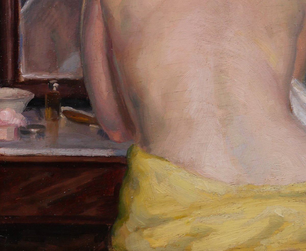 Madeleine Plantey 1890–1985 Nude Woman Dressing In Front Of A Mirror, Painting, C 1930 Art Deco-photo-4